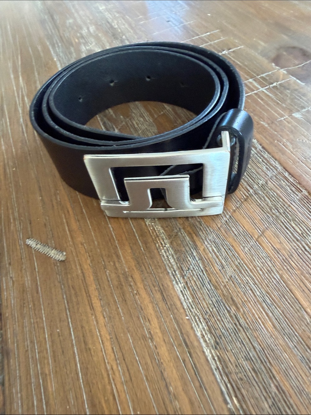 J.Lindeberg Black Leather Belt with Silver Logo Stamping